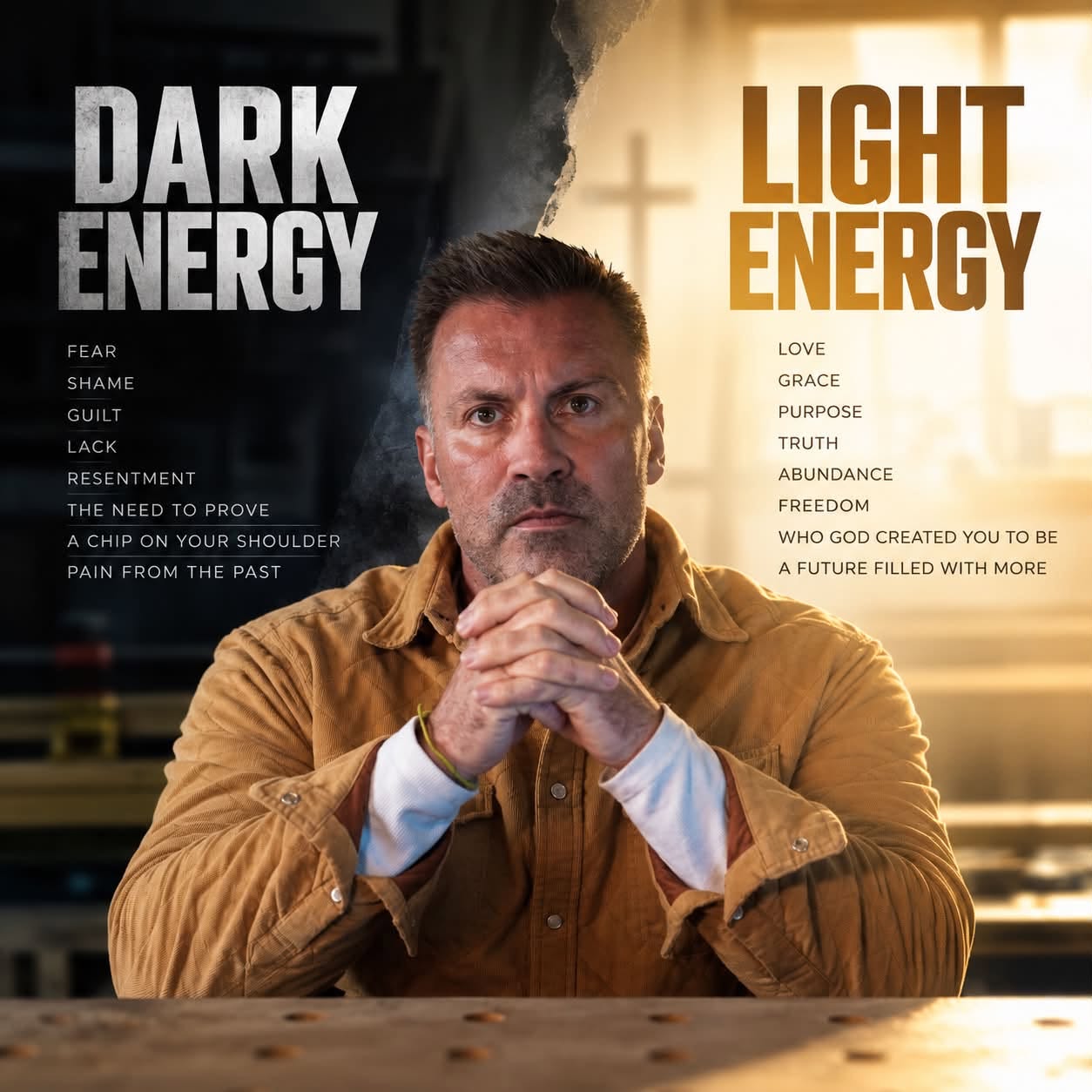 Dark Energy versus Light Energy graphic with a seated man between a dark side listing fear, shame, and the need to prove, and a gold-lit side listing love, grace, purpose, truth, and freedom.